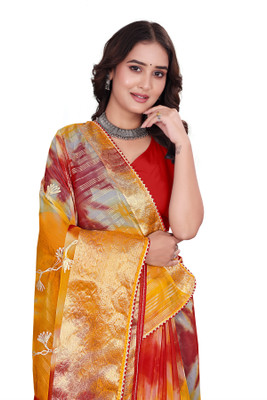 Aarunika SKT Solid/Plain Bollywood Organza Saree(Red)