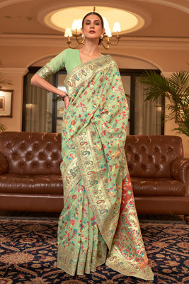 Paani Silk Embellished, Paisley, Self Design, Woven Paithani Cotton Silk Saree(Light Green)