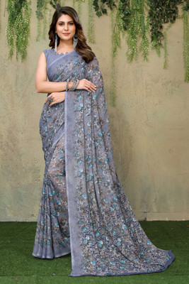 Priyashi Printed Bollywood Georgette Saree(Grey, Blue)