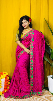 Dona Sharee Embroidered Bollywood Silk Blend Saree(Pink)