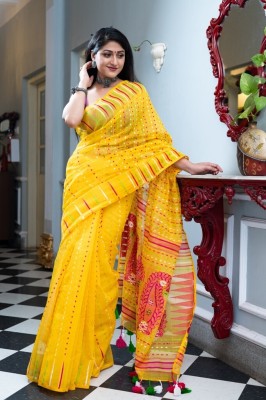 RUPANJALI Printed Jamdani Pure Cotton Saree(Yellow)