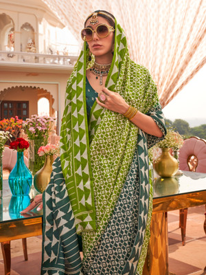 ANOUK Printed Ikkat Silk Blend Saree(Light Green)