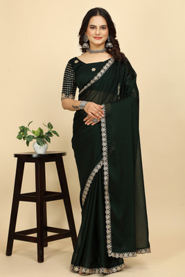 KONICA FAB Embroidered Handloom Chiffon Saree(Dark Green)