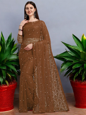 Nexafashion Self Design Bollywood Net Saree(Brown)