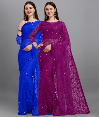 LOROFY Self Design Bollywood Net Saree(Pack of 2, Purple, Blue)