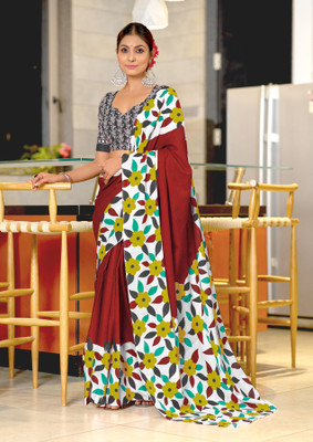 PANZORA Printed Daily Wear Cotton Blend Saree(Maroon)