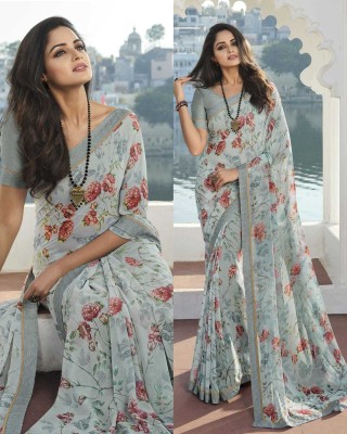 MEETVIN COUTURE Printed, Digital Print, Hand Painted, Graphic Print, Floral Print, Self Design Bollywood Georgette, Chiffon Saree(Grey, Light Blue)