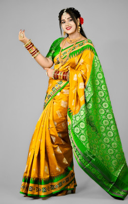 Sijileen Temple Border, Woven Sambalpuri Art Silk Saree(Mustard)