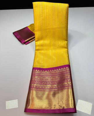 Akram Textiles Hub Woven Banarasi Tissue, Art Silk Saree(Magenta, Yellow)