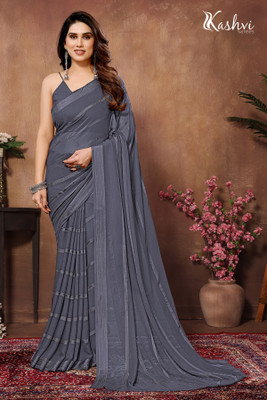 kashvi sarees Embellished, Self Design, Striped Bollywood Satin Saree(Grey)