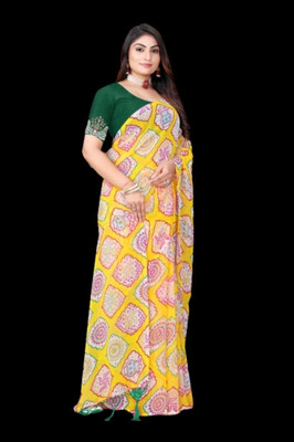 DJHANDPRINTS Printed, Dyed Bandhani Georgette Saree(Yellow)