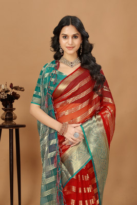 Aarunika SST Striped Bollywood Organza Saree(Red)