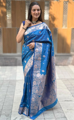 SHREEKHODIYARST Woven, Self Design Banarasi Jacquard, Pure Silk Saree(Light Blue)