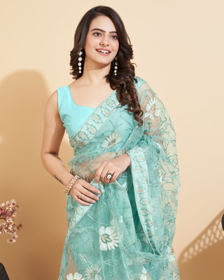 Vivera Embroidered Bollywood Net Saree(Light Blue)