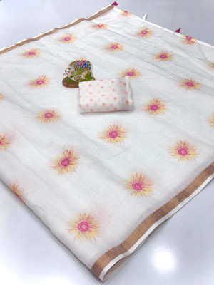 SDGRATITUDE Floral Print Bollywood Linen, Cotton Linen Saree(White)