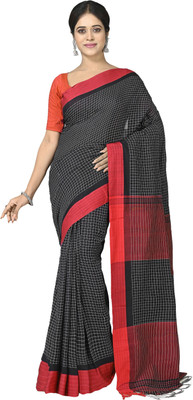 crochetin Woven Handloom Cotton Blend Saree(Red, Black)