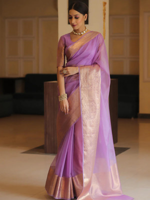 PeachPetals Solid/Plain Bollywood Organza Saree(Pink)