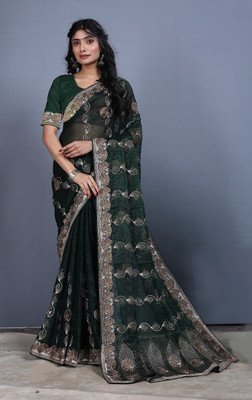 Anjani Textile Embroidered Bollywood Tussar Silk Saree(Dark Green)
