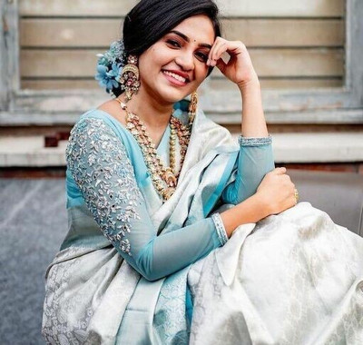 Rudr Venture Digital Print Banarasi Jacquard Saree(Blue)