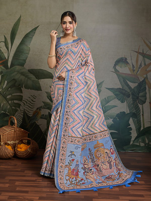 RekhaManiyar Printed Saree with Attached Blouse Tussar Silk Saree(Blue)