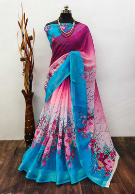 Saaransh Woven, Graphic Print, Digital Print Kanjivaram Linen, Cotton Silk Saree(Light Blue)