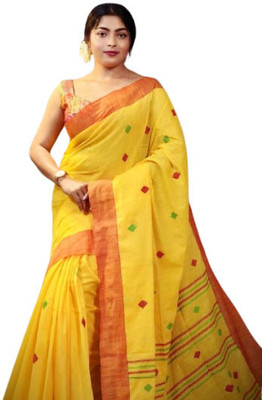 ANU INDIAN FASHION Woven, Striped, Geometric Print Handloom Cotton Blend Saree(Yellow, Red, Orange)
