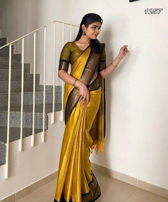 Julee Solid/Plain Banarasi Pure Silk Saree(Mustard)