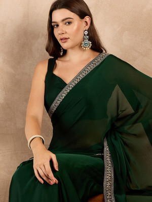 Dharm Enterprise Solid/Plain Daily Wear Georgette Saree(Green)