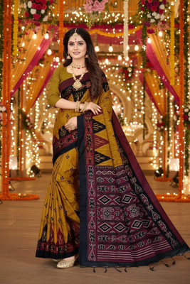 DUGGE FASHION Printed Sambalpuri Pure Cotton Saree(Yellow, Black)