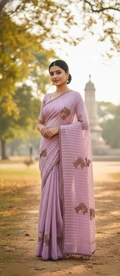 Pragya Striped, Embroidered Chanderi Cotton Silk Saree(Purple)