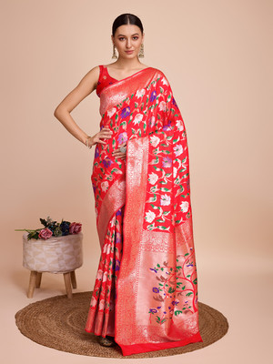 Suha Woven Kota Doria Cotton Silk Saree(Red)