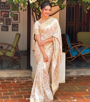 KV Fashion Self Design Banarasi Pure Silk Saree(White)