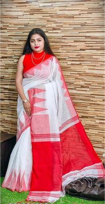 RM CREATION Temple Border Handloom Handloom Cotton Silk Saree(White)