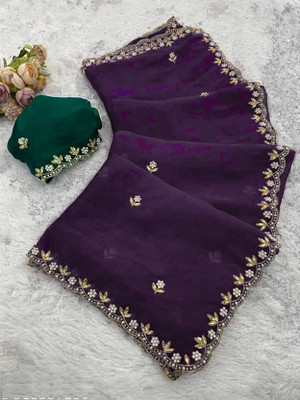 Sanjana Silks Embellished Bollywood Chiffon Saree(Purple, Green)