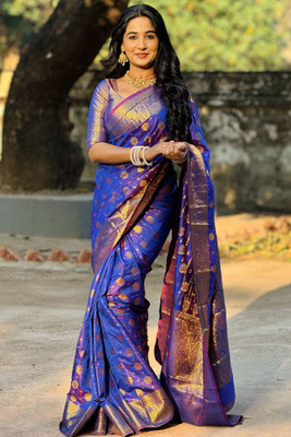 ROOP LAVANYA Woven Banarasi Cotton Linen, Jacquard Saree(Blue)