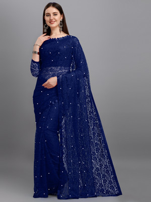 LOROFY Self Design Bollywood Net Saree(Dark Blue)