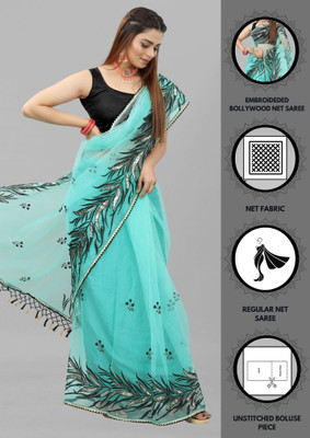 Barkiya Creation Embroidered Bollywood Net Saree(Blue)