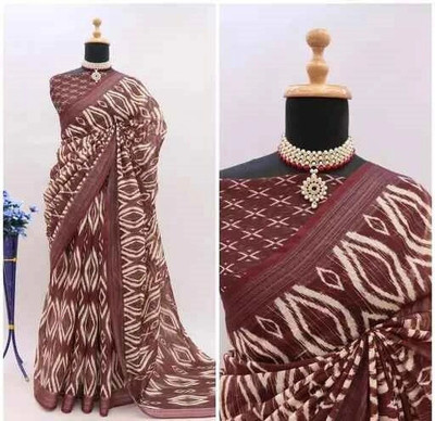FRIYAL Digital Print Bollywood Cotton Linen Saree(Brown)