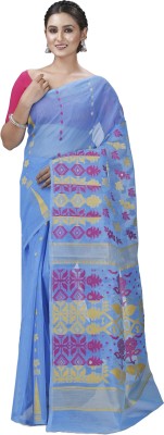 DipDiya Self Design Jamdani Pure Cotton Saree(Light Blue)