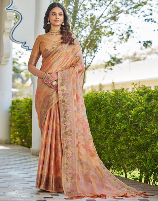 Tasrika Woven, Embellished Banarasi Jacquard, Silk Blend Saree(Multicolor, Orange)