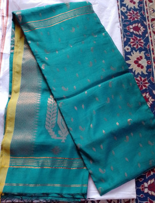 Indrani Floral Print, Woven Handloom Cotton Blend Saree(Dark Green)
