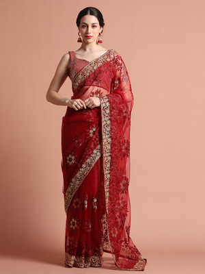 Jaipur Kurti Embroidered Bollywood Net Saree(Maroon)