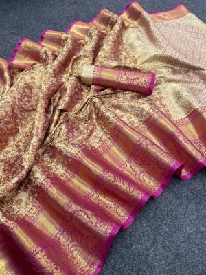 SSP TEX Woven Kanjivaram Silk Blend, Pure Silk Saree(Pink, Gold)