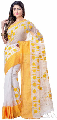 Desh Bidesh Printed, Striped, Self Design, Woven Handloom Handloom Cotton Blend, Pure Cotton Saree(White, Yellow)