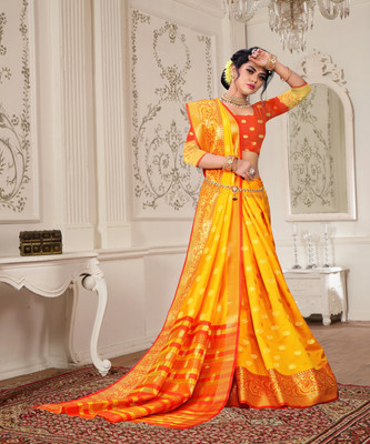 URJAZONE Woven Banarasi Pure Silk, Cotton Silk Saree(Yellow)