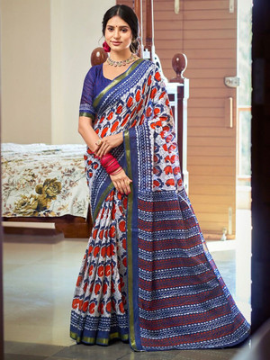 all about you Printed Daily Wear Silk Blend Saree(White)