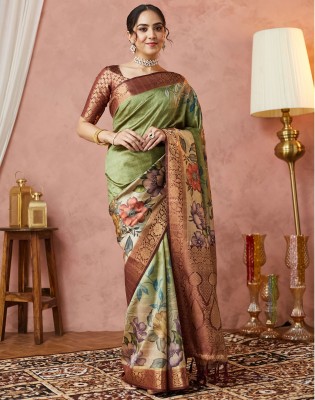 Satrani Floral Print, Woven, Embellished Bollywood Silk Blend Saree(Green, Purple)