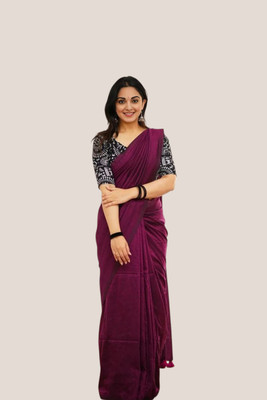 Trndysares Solid/Plain Handloom Cotton Blend Saree(Magenta)