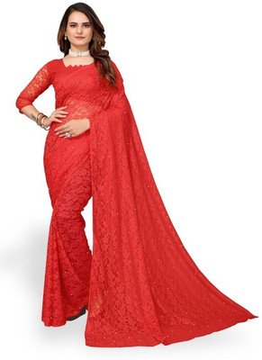 Amavii Floral Print Bollywood Net Saree(Red)