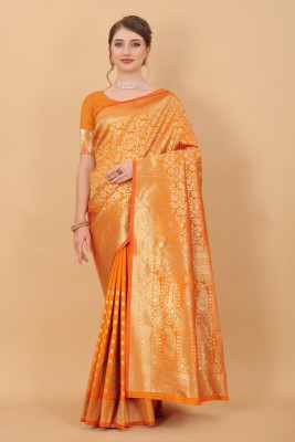 Niwaa Printed, Self Design, Embellished, Woven, Animal Print, Blocked Printed Kanjivaram Jacquard, Silk Blend Saree(Orange)